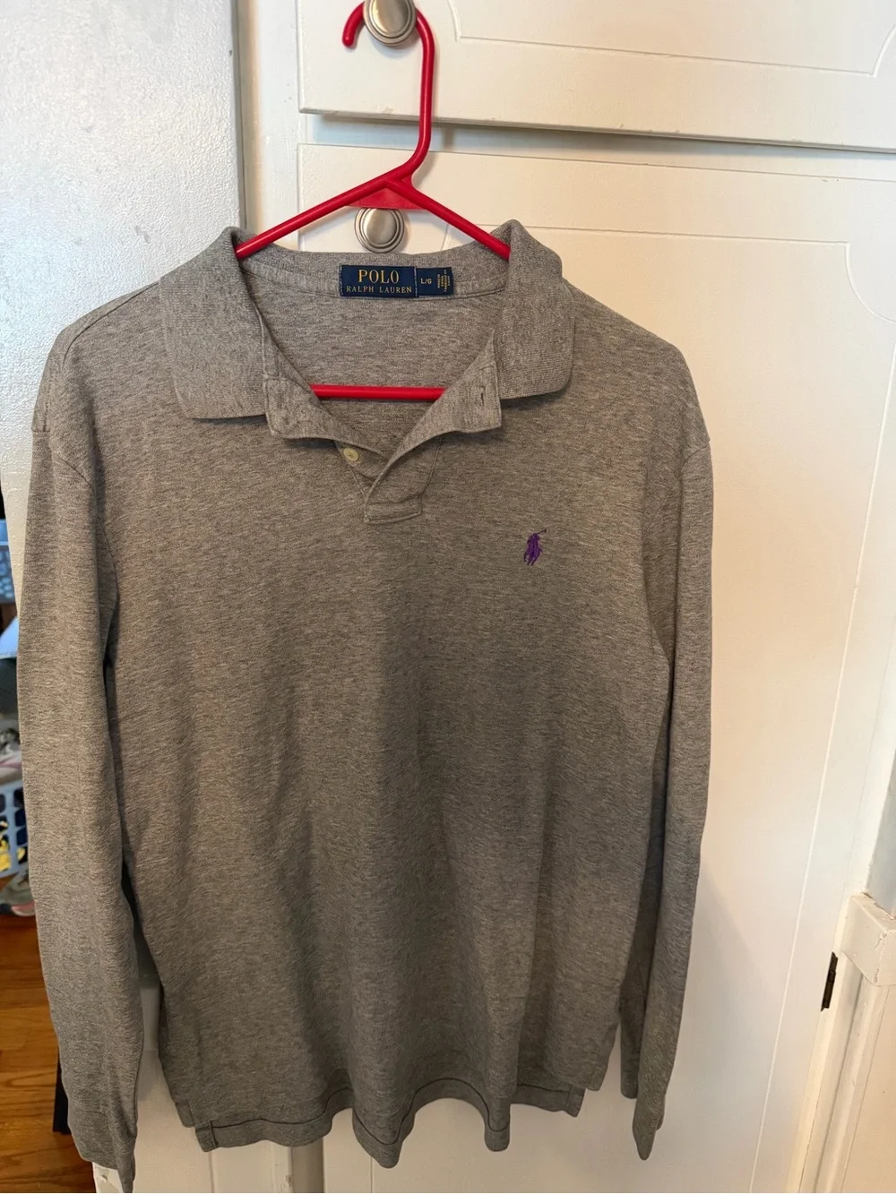 Polo by Ralph Lauren Men’s Long Sleeve Grey Polo with Purple Pony